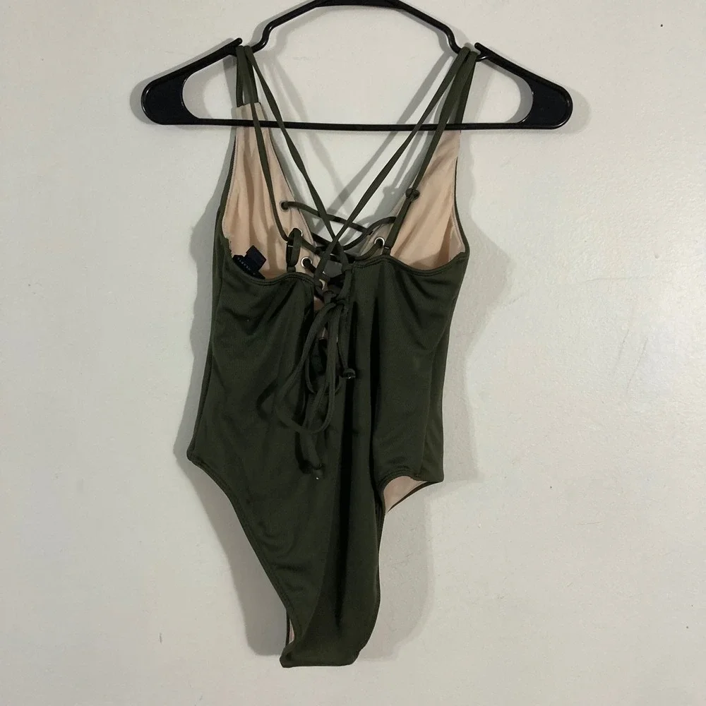 L.A.‎ Hearts One Piece Swimsuit Womens XS Olive Green Excellent Ribbed Lace-Up